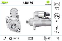 VALEO 438176 - Restricción de fabricante: BOSCH-VALEO<br>Tensión [V]: 12<br>Potencia nominal [kW]: 1,1<br>Número de dientes: 10<br>Número de orificios: 2<br>Sentido de giro: Sentido de giro a la izquierda (antihorario)<br>Posición/Grado: R  139<br>Pinza: NO<br>Diámetro de brida [mm]: 76<br>Peso [kg]: 3,184<br>