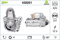 VALEO 438201 - Código de motor: F9Q804<br>Código de motor: F9Q816<br>Código de motor: F9Q818<br>Restricción de fabricante: VALEO<br>Tensión [V]: 12<br>Potencia nominal [kW]: 2,1<br>Número de dientes: 11<br>Número de orificios: 4<br>Cant. taladros roscados: 3<br>Sentido de giro: Sentido de giro a la derecha (horario)<br>Posición/Grado: R  56<br>Pinza: NO<br>Peso [kg]: 3,96<br>