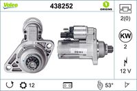 VALEO 438252 - Código de motor: DFFA<br>Código de motor: DTTA<br>Código de motor: DTTC<br>Clase de caja de cambios: Caja automática, 7 marchas<br>Restricción de fabricante: VALEO<br>Equipamiento de vehículo: para vehículos sin sistema Start&Stop<br>Equipamiento de vehículo: para veh. sin recuperación energia de frenado<br>Número de PR: 7L3<br>Tensión [V]: 12<br>Potencia nominal [kW]: 2<br>Número de dientes: 12<br>Número de orificios: 2<br>Sentido de giro: Sentido de giro a la izquierda (antihorario)<br>Posición/Grado: R  53<br>Pinza: NO<br>Peso [kg]: 3,69<br>