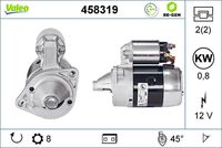 VALEO 458319 - Clase de caja de cambios: Caja de cambios manual, 5 marchas<br>Tensión [V]: 12<br>Potencia nominal [kW]: 1,4<br>Número de dientes: 8<br>Número de orificios: 2<br>Cant. taladros roscados: 2<br>Sentido de giro: Sentido de giro a la derecha (horario)<br>Posición/Grado: R  40<br>Peso [kg]: 3,65<br>