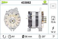 VALEO 433082 - año construcción hasta: 06/1991<br>Clase de caja de cambios: Caja de cambios manual, 5 marchas<br>Tensión [V]: 14<br>Corriente de carga alternador [A]: 50<br>Tipo de sujeción: Fijación de tres puntos<br>Posición/Grado: R  20<br>Sentido de giro: Sentido de giro a la derecha (horario)<br>Poleas: con polea<br>Poleas: con polea para correa poli V<br>Número de nervaduras: 4<br>poleas - Ø [mm]: 56<br>Conexión / terminal/borne: sin conexión para cuentarrevoluciones<br>Pinza: B+ / L<br>Peso [kg]: 4,85<br>