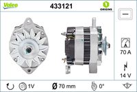 VALEO 433121 - Corriente de carga alternador [A]: 70<br>Tensión [V]: 12<br>Número de canales: 1<br>Cantidad de agujeros de fijación: 3<br>Pinza: B+ M6<br>poleas - Ø [mm]: 66<br>Calidad: OE EQUIVALENT<br>