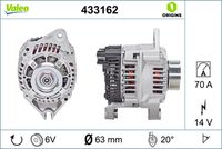 VALEO 433162 - año construcción hasta: 06/1991<br>Clase de caja de cambios: Caja de cambios manual, 5 marchas<br>Equipamiento de vehículo: para vehículos sin aire acondicionado<br>Tensión [V]: 14<br>Corriente de carga alternador [A]: 70<br>Tipo de sujeción: Fijación de tres puntos<br>Posición/Grado: R  20<br>Sentido de giro: Sentido de giro a la derecha (horario)<br>Poleas: con polea<br>Poleas: con polea para correa poli V<br>Número de nervaduras: 4<br>poleas - Ø [mm]: 56<br>Conexión / terminal/borne: sin conexión para cuentarrevoluciones<br>Pinza: B+ / L<br>Peso [kg]: 5,245<br>