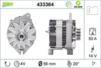 VALEO 433364 - año construcción hasta: 06/1991<br>Clase de caja de cambios: Caja de cambios manual, 5 marchas<br>Tensión [V]: 14<br>Corriente de carga alternador [A]: 70<br>Tipo de sujeción: Fijación de tres puntos<br>Posición/Grado: R  20<br>Sentido de giro: Sentido de giro a la derecha (horario)<br>Poleas: con polea<br>Poleas: con polea para correa poli V<br>Número de nervaduras: 6<br>poleas - Ø [mm]: 63<br>Conexión / terminal/borne: sin conexión para cuentarrevoluciones<br>Pinza: B+ / D+<br>Peso [kg]: 5,11<br>