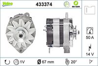 VALEO 433374 - Corriente de carga alternador [A]: 50<br>Tensión [V]: 12<br>Número de canales: 1<br>Cantidad de agujeros de fijación: 3<br>Pinza: B+ M5<br>poleas - Ø [mm]: 65<br>Calidad: OE EQUIVALENT<br>