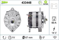 VALEO 433448 - Tensión [V]: 12<br>Corriente de carga alternador [A]: 70<br>ID del modelo de conector: CPA0035<br>Número de nervaduras: 6<br>Poleas: con polea para correa poli V<br>Artículo complementario/Información complementaria: con regulador incorporado<br>Versión: .2<br>para fabricante volante: RENAULT<br>