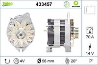 VALEO 433457 - año construcción hasta: 06/1991<br>Clase de caja de cambios: Caja de cambios manual, 5 marchas<br>Tensión [V]: 14<br>Corriente de carga alternador [A]: 50<br>Tipo de sujeción: Fijación de tres puntos<br>Posición/Grado: R  20<br>Sentido de giro: Sentido de giro a la derecha (horario)<br>Poleas: con polea<br>Poleas: con polea para correa poli V<br>Número de nervaduras: 4<br>poleas - Ø [mm]: 56<br>Conexión / terminal/borne: sin conexión para cuentarrevoluciones<br>Pinza: B+ / L<br>Peso [kg]: 4,86<br>