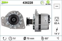 VALEO 436228 - Tensión [V]: 14<br>Corriente de carga alternador [A]: 65<br>Tipo de sujeción: Brazo oscilante doble<br>Posición/Grado: L  60<br>Sentido de giro: Sentido de giro a la derecha (horario)<br>Poleas: con polea<br>Poleas: con polea para correa poli V<br>Número de nervaduras: 1<br>poleas - Ø [mm]: 70<br>Pinza: B+ / D+<br>Peso [kg]: 5,154<br>