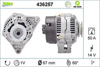 VALEO 436257 - año construcción desde: 03/1998<br>año construcción hasta: 07/2005<br>Clase de caja de cambios: Caja de cambios manual, 5 marchas<br>Equipamiento de vehículo: para vehículos sin aire acondicionado<br>Equipamiento de vehículo: para vehículos sin dirección asistida<br>Tensión [V]: 14<br>Corriente de carga alternador [A]: 70<br>Tipo de sujeción: Brazo oscilante doble<br>Posición/Grado: R  60<br>Sentido de giro: Sentido de giro a la derecha (horario)<br>Poleas: con polea<br>Poleas: con polea para correa poli V<br>Número de nervaduras: 1<br>poleas - Ø [mm]: 67<br>Conexión / terminal/borne: sin conexión para cuentarrevoluciones<br>Pinza: B+ / D+<br>Peso [kg]: 4,8<br>