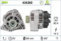 VALEO 436260 - año construcción desde: 03/1998<br>año construcción hasta: 07/2005<br>Clase de caja de cambios: Caja de cambios manual, 5 marchas<br>Equipamiento de vehículo: para vehículos sin aire acondicionado<br>Equipamiento de vehículo: para vehículos sin dirección asistida<br>Tensión [V]: 14<br>Corriente de carga alternador [A]: 70<br>Tipo de sujeción: Brazo oscilante doble<br>Posición/Grado: R  60<br>Sentido de giro: Sentido de giro a la derecha (horario)<br>Poleas: con polea<br>Poleas: con polea para correa poli V<br>Número de nervaduras: 1<br>poleas - Ø [mm]: 67<br>Conexión / terminal/borne: sin conexión para cuentarrevoluciones<br>Pinza: B+ / D+<br>Peso [kg]: 5,37<br>