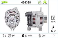 VALEO 436338 - año construcción hasta: 06/1991<br>Clase de caja de cambios: Caja de cambios manual, 5 marchas<br>Tensión [V]: 14<br>Corriente de carga alternador [A]: 50<br>Tipo de sujeción: Fijación de tres puntos<br>Posición/Grado: R  20<br>Sentido de giro: Sentido de giro a la derecha (horario)<br>Poleas: con polea<br>Poleas: con polea para correa poli V<br>Número de nervaduras: 6<br>poleas - Ø [mm]: 63<br>Conexión / terminal/borne: sin conexión para cuentarrevoluciones<br>Pinza: B+ / D+<br>Peso [kg]: 5,73<br>