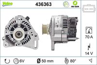 VALEO 436363 - año construcción desde: 10/1994<br>año construcción hasta: 02/1999<br>Código de motor: AEK,AFT,AKS<br>Clase de caja de cambios: Caja de cambios manual, 5 marchas<br>Clase de caja de cambios: Automática, 4 vel.<br>Tensión [V]: 14<br>Corriente de carga alternador [A]: 90<br>Tipo de sujeción: Fijación de tres puntos<br>Posición/Grado: R  0<br>Sentido de giro: Sentido de giro a la derecha (horario)<br>Poleas: con polea<br>Poleas: con polea para correa poli V<br>Número de nervaduras: 6<br>poleas - Ø [mm]: 55<br>Pinza: B+<br>Peso [kg]: 5,97<br>