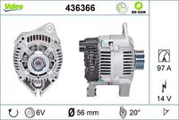 VALEO 436366 - año construcción hasta: 08/1998<br>Clase de caja de cambios: Caja de cambios manual, 5 marchas<br>Equipamiento de vehículo: para vehículos con climatizador (regulado manualmente)<br>Tensión [V]: 14<br>Corriente de carga alternador [A]: 97<br>Tipo de sujeción: Fijación de tres puntos<br>Posición/Grado: R  20<br>Sentido de giro: Sentido de giro a la derecha (horario)<br>Poleas: con polea<br>Poleas: con polea para correa poli V<br>Número de nervaduras: 6<br>poleas - Ø [mm]: 56<br>Conexión / terminal/borne: sin conexión para cuentarrevoluciones<br>Pinza: B+ / D+<br>Peso [kg]: 6,02<br>