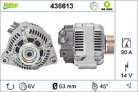 VALEO 436613 - Código de motor: XU10J2TE<br>Clase de caja de cambios: Caja de cambios manual, 5 marchas<br>Clase de caja de cambios: Automática, 4 vel.<br>Tensión [V]: 14<br>Corriente de carga alternador [A]: 120<br>Tipo de sujeción: Fijación de tres puntos<br>Posición/Grado: R  20<br>Sentido de giro: Sentido de giro a la derecha (horario)<br>Poleas: con polea<br>Poleas: con polea para correa poli V<br>Número de nervaduras: 6<br>poleas - Ø [mm]: 56<br>Conexión / terminal/borne: sin conexión para cuentarrevoluciones<br>Pinza: B+ / D+<br>Peso [kg]: 6,99<br>