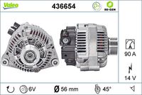 VALEO 436654 - Código de motor: XU10J2TE<br>Clase de caja de cambios: Caja de cambios manual, 5 marchas<br>Clase de caja de cambios: Automática, 4 vel.<br>Tensión [V]: 14<br>Corriente de carga alternador [A]: 90<br>Tipo de sujeción: Brazo oscilante doble<br>Posición/Grado: L  45<br>Sentido de giro: Sentido de giro a la derecha (horario)<br>Poleas: con polea<br>Poleas: con polea para correa poli V<br>Número de nervaduras: 6<br>poleas - Ø [mm]: 63<br>Conexión / terminal/borne: sin conexión para cuentarrevoluciones<br>Pinza: B+ / D+<br>Peso [kg]: 5,964<br>