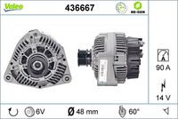 VALEO 436667 - N.º de chasis (VIN) desde: 000003<br>N.º de chasis (VIN) desde: 000009<br>Código de motor: 111.946<br>Clase de caja de cambios: Automática, 5 vel.<br>Clase de caja de cambios: Caja de cambios manual, 5 marchas<br>Tensión [V]: 14<br>Corriente de carga alternador [A]: 90<br>Tipo de sujeción: Brazo oscilante doble<br>Posición/Grado: L  60<br>Sentido de giro: Sentido de giro a la derecha (horario)<br>Poleas: con polea<br>Poleas: con polea para correa poli V<br>Número de nervaduras: 6<br>poleas - Ø [mm]: 48<br>Pinza: B+ / D+<br>Peso [kg]: 5,818<br>