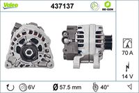 VALEO 437137 - año construcción desde: 03/1998<br>año construcción hasta: 08/2000<br>Clase de caja de cambios: Caja de cambios manual, 5 marchas<br>Equipamiento de vehículo: para vehículos con dirección asistida<br>Tensión [V]: 14<br>Corriente de carga alternador [A]: 70<br>Tipo de sujeción: Brazo oscilante doble<br>Posición/Grado: L  60<br>Sentido de giro: Sentido de giro a la derecha (horario)<br>Poleas: con polea<br>Poleas: con polea para correa poli V<br>Número de nervaduras: 5<br>poleas - Ø [mm]: 56<br>Conexión / terminal/borne: sin conexión para cuentarrevoluciones<br>Pinza: B+ / D+<br>Peso [kg]: 5,07<br>