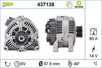 VALEO 437138 - Tensión [V]: 14<br>Corriente de carga alternador [A]: 70<br>Tipo de sujeción: Fijación de cuatro puntos<br>Posición/Grado: L  40<br>Sentido de giro: Sentido de giro a la derecha (horario)<br>Poleas: con polea<br>Poleas: con polea para correa poli V<br>Número de nervaduras: 6<br>poleas - Ø [mm]: 58<br>Conexión / terminal/borne: sin conexión para cuentarrevoluciones<br>Pinza: B+ / L<br>Peso [kg]: 4,96<br>