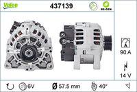 VALEO 437139 - año construcción desde: 09/2000<br>Clase de caja de cambios: Caja de cambios manual, 5 marchas<br>Tensión [V]: 14<br>Corriente de carga alternador [A]: 120<br>Tipo de sujeción: Fijación de cuatro puntos<br>Posición/Grado: L  40<br>Sentido de giro: Sentido de giro a la derecha (horario)<br>Poleas: con polea<br>Poleas: con polea para correa poli V<br>Número de nervaduras: 6<br>poleas - Ø [mm]: 58<br>Conexión / terminal/borne: sin conexión para cuentarrevoluciones<br>Pinza: B+ / L<br>Peso [kg]: 6,53<br>