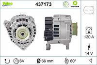 VALEO 437173 - Restricción de fabricante: BOSCH<br>Tensión [V]: 14<br>Corriente de carga alternador [A]: 140<br>Tipo de sujeción: Fijación de tres puntos<br>Posición/Grado: L  60<br>Sentido de giro: Sentido de giro a la derecha (horario)<br>Poleas: con polea<br>Poleas: con polea para correa poli V<br>Número de nervaduras: 6<br>poleas - Ø [mm]: 66<br>Pinza: B+<br>Peso [kg]: 6,688<br>