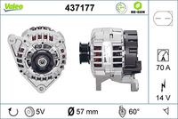 VALEO 437177 - Tensión [V]: 14<br>Corriente de carga alternador [A]: 120<br>Tipo de sujeción: Fijación de tres puntos<br>Posición/Grado: L  60<br>Sentido de giro: Sentido de giro a la derecha (horario)<br>Poleas: con polea<br>Poleas: con polea para correa poli V<br>Número de nervaduras: 5<br>poleas - Ø [mm]: 57<br>Conexión / terminal/borne: sin conexión para cuentarrevoluciones<br>Pinza: B+<br>Peso [kg]: 6,54<br>