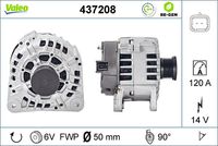 VALEO 437208 - año construcción hasta: 12/2003<br>Clase de caja de cambios: Caja de cambios manual, 5 marchas<br>Tensión [V]: 14<br>Corriente de carga alternador [A]: 120<br>Tipo de sujeción: Fijación de cuatro puntos<br>Posición/Grado: R  90<br>Sentido de giro: Sentido de giro a la derecha (horario)<br>Poleas: con polea<br>Poleas: con polea de rueda libre<br>Número de nervaduras: 6<br>poleas - Ø [mm]: 50<br>Pinza: B+<br>Peso [kg]: 6,67<br>