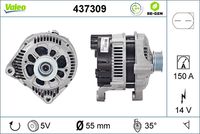 VALEO 437309 - Tensión [V]: 14<br>Corriente de carga alternador [A]: 150<br>Tipo de sujeción: Fijación de tres puntos<br>Posición/Grado: L  35<br>Sentido de giro: Sentido de giro a la derecha (horario)<br>Poleas: con polea<br>Poleas: con polea para correa poli V<br>Número de nervaduras: 5<br>poleas - Ø [mm]: 54<br>Conexión / terminal/borne: sin conexión para cuentarrevoluciones<br>Pinza: B+<br>Peso [kg]: 7,49<br>