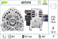 VALEO 437315 - año construcción hasta: 06/2005<br>Clase de caja de cambios: Caja de cambios manual, 5 marchas<br>Tensión [V]: 14<br>Corriente de carga alternador [A]: 120<br>Tipo de sujeción: Fijación de tres puntos<br>Posición/Grado: R  90<br>Sentido de giro: Sentido de giro a la derecha (horario)<br>Poleas: con polea<br>Poleas: con polea para correa poli V<br>Número de nervaduras: 6<br>poleas - Ø [mm]: 49<br>Conexión / terminal/borne: sin conexión para cuentarrevoluciones<br>Pinza: B+<br>Peso [kg]: 6,83<br>