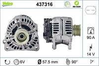 VALEO 437316 - Clase de caja de cambios: Caja de cambios manual, 5 marchas<br>Tensión [V]: 14<br>Corriente de carga alternador [A]: 70<br>Tipo de sujeción: Fijación de tres puntos<br>Posición/Grado: R  90<br>Sentido de giro: Sentido de giro a la derecha (horario)<br>Poleas: con polea<br>Poleas: con polea para correa poli V<br>Número de nervaduras: 6<br>poleas - Ø [mm]: 57<br>Conexión / terminal/borne: sin conexión para cuentarrevoluciones<br>Pinza: B+<br>Peso [kg]: 5,5<br>