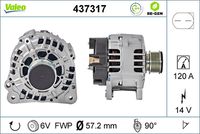 VALEO 437317 - Restricción de fabricante: VALEO<br>Tensión [V]: 14<br>Corriente de carga alternador [A]: 140<br>Tipo de sujeción: Fijación de tres puntos<br>Posición/Grado: R  90<br>Sentido de giro: Sentido de giro a la derecha (horario)<br>Poleas: con polea<br>Poleas: con polea de rueda libre<br>Número de nervaduras: 5<br>poleas - Ø [mm]: 57<br>Pinza: B+<br>Peso [kg]: 6,86<br>