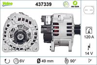 VALEO 437339 - Tensión [V]: 14<br>Corriente de carga alternador [A]: 120<br>Tipo de sujeción: Fijación de cuatro puntos<br>Posición/Grado: R  90<br>Sentido de giro: Sentido de giro a la derecha (horario)<br>Poleas: con polea<br>Poleas: con polea de rueda libre<br>Número de nervaduras: 6<br>poleas - Ø [mm]: 57<br>Conexión / terminal/borne: sin conexión para cuentarrevoluciones<br>Pinza: B+<br>Peso [kg]: 6,715<br>