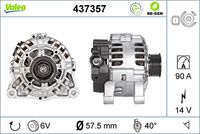 VALEO 437357 - año construcción desde: 03/1998<br>año construcción hasta: 07/2005<br>Clase de caja de cambios: Caja de cambios manual, 5 marchas<br>Tensión [V]: 14<br>Corriente de carga alternador [A]: 80<br>Tipo de sujeción: Fijación de cuatro puntos<br>Posición/Grado: L  40<br>Sentido de giro: Sentido de giro a la derecha (horario)<br>Poleas: con polea<br>Poleas: con polea para correa poli V<br>Número de nervaduras: 6<br>poleas - Ø [mm]: 58<br>Conexión / terminal/borne: sin conexión para cuentarrevoluciones<br>Pinza: B+<br>Peso [kg]: 5,184<br>