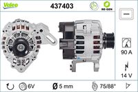 VALEO 437403 - Restricción de fabricante: VALEO<br>Equipamiento de vehículo: para vehículos con climatizador<br>Tensión [V]: 14<br>Corriente de carga alternador [A]: 150<br>Tipo de sujeción: Fijación de cuatro puntos<br>Posición/Grado: R  90<br>Sentido de giro: Sentido de giro a la derecha (horario)<br>Poleas: con polea<br>Poleas: con polea de rueda libre<br>Número de nervaduras: 6<br>poleas - Ø [mm]: 57<br>Pinza: B+<br>Peso [kg]: 7,25<br>