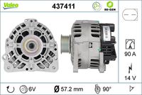 VALEO 437411 - Restricción de fabricante: VALEO<br>Tensión [V]: 14<br>Corriente de carga alternador [A]: 90<br>Tipo de sujeción: Fijación de cuatro puntos<br>Posición/Grado: R  90<br>Sentido de giro: Sentido de giro a la derecha (horario)<br>Poleas: con polea<br>Poleas: con polea para correa poli V<br>Número de nervaduras: 6<br>poleas - Ø [mm]: 51<br>Pinza: B+ / L / DFM<br>Peso [kg]: 5,35<br>