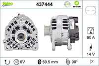 VALEO 437444 - Clase de caja de cambios: Caja de cambios manual, 5 marchas<br>Tensión [V]: 14<br>Corriente de carga alternador [A]: 90<br>Tipo de sujeción: Fijación de cuatro puntos<br>Posición/Grado: R  90<br>Sentido de giro: Sentido de giro a la derecha (horario)<br>Poleas: con polea<br>Poleas: con polea para correa poli V<br>Número de nervaduras: 6<br>poleas - Ø [mm]: 57<br>Conexión / terminal/borne: sin conexión para cuentarrevoluciones<br>Pinza: B+<br>Peso [kg]: 5,4<br>