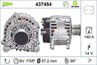 VALEO 437454 - Restricción de fabricante: BOSCH<br>Restricción de fabricante: BOSCH-VALEO<br>Equipamiento de vehículo: para vehíc. con sistema Keyless-Entry/Go<br>Tensión [V]: 14<br>Corriente de carga alternador [A]: 140<br>Tipo de sujeción: Fijación de cuatro puntos<br>Posición/Grado: R  90<br>Sentido de giro: Sentido de giro a la derecha (horario)<br>Poleas: con polea<br>Poleas: con polea de rueda libre<br>Número de nervaduras: 6<br>poleas - Ø [mm]: 57<br>Conexión / terminal/borne: sin conexión para cuentarrevoluciones<br>Pinza: B+<br>Peso [kg]: 7,69<br>