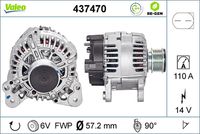 VALEO 437470 - Restricción de fabricante: VALEO<br>Equipamiento de vehículo: para vehículos sin sistema Start&Stop<br>Tensión [V]: 14<br>Corriente de carga alternador [A]: 110<br>Tipo de sujeción: Fijación de cuatro puntos<br>Posición/Grado: R  90<br>Sentido de giro: Sentido de giro a la derecha (horario)<br>Poleas: con polea<br>Poleas: con polea para correa poli V<br>Número de nervaduras: 6<br>poleas - Ø [mm]: 57<br>Conexión / terminal/borne: sin conexión para cuentarrevoluciones<br>Pinza: B+<br>Peso [kg]: 5,77<br>