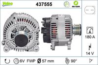 VALEO 437555 - Código de motor: CKRA<br>Restricción de fabricante: VALEO<br>Tensión [V]: 14<br>Corriente de carga alternador [A]: 150<br>Tipo de sujeción: Fijación de cuatro puntos<br>Posición/Grado: R  90<br>Sentido de giro: Sentido de giro a la derecha (horario)<br>Poleas: con polea<br>Poleas: con polea de rueda libre<br>Número de nervaduras: 6<br>poleas - Ø [mm]: 57<br>Conexión / terminal/borne: sin conexión para cuentarrevoluciones<br>Pinza: B+<br>Peso [kg]: 7,09<br>