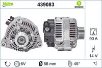 VALEO 439083 - Código de motor: XU10J2TE<br>Clase de caja de cambios: Caja de cambios manual, 5 marchas<br>Clase de caja de cambios: Automática, 4 vel.<br>Tensión [V]: 14<br>Corriente de carga alternador [A]: 90<br>Tipo de sujeción: Brazo oscilante doble<br>Posición/Grado: L  45<br>Sentido de giro: Sentido de giro a la derecha (horario)<br>Poleas: con polea<br>Poleas: con polea para correa poli V<br>Número de nervaduras: 6<br>poleas - Ø [mm]: 63<br>Conexión / terminal/borne: con conexión para cuentarrevoluciones<br>Pinza: B+ / D+<br>Peso [kg]: 5,935<br>