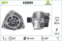 VALEO 439095 - N.º de chasis (VIN) desde: 000003<br>N.º de chasis (VIN) desde: 000009<br>Código de motor: 111.946<br>Clase de caja de cambios: Automática, 5 vel.<br>Clase de caja de cambios: Caja de cambios manual, 5 marchas<br>Tensión [V]: 14<br>Corriente de carga alternador [A]: 90<br>Tipo de sujeción: Brazo oscilante doble<br>Posición/Grado: L  60<br>Sentido de giro: Sentido de giro a la derecha (horario)<br>Poleas: con polea<br>Poleas: con polea para correa poli V<br>Número de nervaduras: 6<br>poleas - Ø [mm]: 48<br>Conexión / terminal/borne: sin conexión para cuentarrevoluciones<br>Pinza: B+ / D+<br>Peso [kg]: 5,85<br>