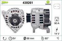 VALEO 439261 - año construcción desde: 04/1998<br>año construcción hasta: 05/2001<br>Clase de caja de cambios: Automática, 5 vel.<br>Clase de caja de cambios: Caja de cambios manual, 5 marchas<br>Tensión [V]: 14<br>Corriente de carga alternador [A]: 90<br>Tipo de sujeción: Fijación de tres puntos<br>Posición/Grado: L  60<br>Sentido de giro: Sentido de giro a la derecha (horario)<br>Poleas: con polea<br>Poleas: con polea para correa poli V<br>Número de nervaduras: 6<br>poleas - Ø [mm]: 66<br>Conexión / terminal/borne: sin conexión para cuentarrevoluciones<br>Pinza: B+ / D+<br>Peso [kg]: 6,05<br>