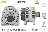 VALEO 439292 - año construcción hasta: 12/2003<br>Clase de caja de cambios: Caja de cambios manual, 5 marchas<br>Tensión [V]: 14<br>Corriente de carga alternador [A]: 120<br>Tipo de sujeción: Fijación de cuatro puntos<br>Posición/Grado: R  90<br>Sentido de giro: Sentido de giro a la derecha (horario)<br>Poleas: con polea<br>Poleas: con polea de rueda libre<br>Número de nervaduras: 6<br>poleas - Ø [mm]: 50<br>Conexión / terminal/borne: sin conexión para cuentarrevoluciones<br>Pinza: B+<br>Peso [kg]: 6,69<br>