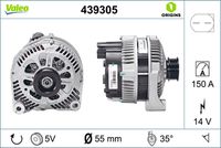 VALEO 439305 - Tensión [V]: 14<br>Corriente de carga alternador [A]: 150<br>Tipo de sujeción: Fijación de tres puntos<br>Posición/Grado: L  35<br>Sentido de giro: Sentido de giro a la derecha (horario)<br>Poleas: con polea<br>Poleas: con polea para correa poli V<br>Número de nervaduras: 5<br>poleas - Ø [mm]: 54<br>Conexión / terminal/borne: sin conexión para cuentarrevoluciones<br>Pinza: B+<br>Peso [kg]: 7,51<br>