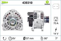 VALEO 439310 - año construcción hasta: 06/2005<br>Clase de caja de cambios: Caja de cambios manual, 5 marchas<br>Tensión [V]: 14<br>Corriente de carga alternador [A]: 90<br>Tipo de sujeción: Fijación de cuatro puntos<br>Posición/Grado: R  90<br>Sentido de giro: Sentido de giro a la derecha (horario)<br>Poleas: con polea<br>Poleas: con polea para correa poli V<br>Número de nervaduras: 6<br>poleas - Ø [mm]: 51<br>Conexión / terminal/borne: sin conexión para cuentarrevoluciones<br>Pinza: B+<br>Peso [kg]: 5,36<br>