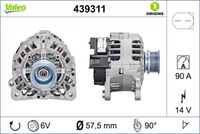 VALEO 439311 - Clase de caja de cambios: Caja de cambios manual, 5 marchas<br>Tensión [V]: 14<br>Corriente de carga alternador [A]: 70<br>Tipo de sujeción: Fijación de tres puntos<br>Posición/Grado: R  90<br>Sentido de giro: Sentido de giro a la derecha (horario)<br>Poleas: con polea<br>Poleas: con polea para correa poli V<br>Número de nervaduras: 6<br>poleas - Ø [mm]: 57<br>Conexión / terminal/borne: sin conexión para cuentarrevoluciones<br>Pinza: B+<br>Peso [kg]: 5,41<br>