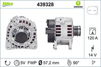 VALEO 439328 - Clase de caja de cambios: Caja de cambios manual, 6 marchas<br>Equipamiento de vehículo: para vehículos sin aire acondicionado<br>Tensión [V]: 14<br>Corriente de carga alternador [A]: 90<br>Tipo de sujeción: Fijación de tres puntos<br>Posición/Grado: R  90<br>Sentido de giro: Sentido de giro a la derecha (horario)<br>Poleas: con polea<br>Poleas: con polea de rueda libre<br>Número de nervaduras: 5<br>poleas - Ø [mm]: 57<br>Conexión / terminal/borne: sin conexión para cuentarrevoluciones<br>Pinza: B+<br>Peso [kg]: 5,64<br>