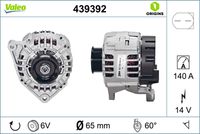 VALEO 439392 - Restricción de fabricante: BOSCH<br>Tensión [V]: 14<br>Corriente de carga alternador [A]: 140<br>Tipo de sujeción: Fijación de tres puntos<br>Posición/Grado: L  60<br>Sentido de giro: Sentido de giro a la derecha (horario)<br>Poleas: con polea<br>Poleas: con polea para correa poli V<br>Número de nervaduras: 6<br>poleas - Ø [mm]: 66<br>Conexión / terminal/borne: sin conexión para cuentarrevoluciones<br>Pinza: B+<br>Peso [kg]: 6,56<br>