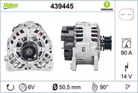 VALEO 439445 - año construcción desde: 09/2000<br>año construcción hasta: 06/2003<br>Código de motor: AUD<br>Clase de caja de cambios: Caja de cambios manual, 5 marchas<br>Tensión [V]: 14<br>Corriente de carga alternador [A]: 90<br>Tipo de sujeción: Fijación de cuatro puntos<br>Posición/Grado: R  90<br>Sentido de giro: Sentido de giro a la derecha (horario)<br>Poleas: con polea<br>Poleas: con polea para correa poli V<br>Número de nervaduras: 6<br>poleas - Ø [mm]: 57<br>Conexión / terminal/borne: sin conexión para cuentarrevoluciones<br>Pinza: M8<br>Peso [kg]: 5,54<br>