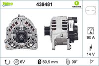 VALEO 439481 - Restricción de fabricante: VALEO<br>Tensión [V]: 14<br>Corriente de carga alternador [A]: 90<br>Tipo de sujeción: Fijación de cuatro puntos<br>Posición/Grado: R  90<br>Sentido de giro: Sentido de giro a la derecha (horario)<br>Poleas: con polea<br>Poleas: con polea para correa poli V<br>Número de nervaduras: 6<br>poleas - Ø [mm]: 51<br>Conexión / terminal/borne: sin conexión para cuentarrevoluciones<br>Pinza: B+ / L / DFM<br>Peso [kg]: 5,33<br>