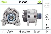 VALEO 439500 - Código de motor: BMN<br>Código de motor: CEGA<br>Restricción de fabricante: VALEO<br>Tensión [V]: 14<br>Corriente de carga alternador [A]: 110<br>Tipo de sujeción: Fijación de cuatro puntos<br>Posición/Grado: R  90<br>Sentido de giro: Sentido de giro a la derecha (horario)<br>Poleas: con polea<br>Poleas: con polea de rueda libre<br>Número de nervaduras: 6<br>poleas - Ø [mm]: 57<br>Conexión / terminal/borne: sin conexión para cuentarrevoluciones<br>Pinza: B+<br>Peso [kg]: 6,135<br>